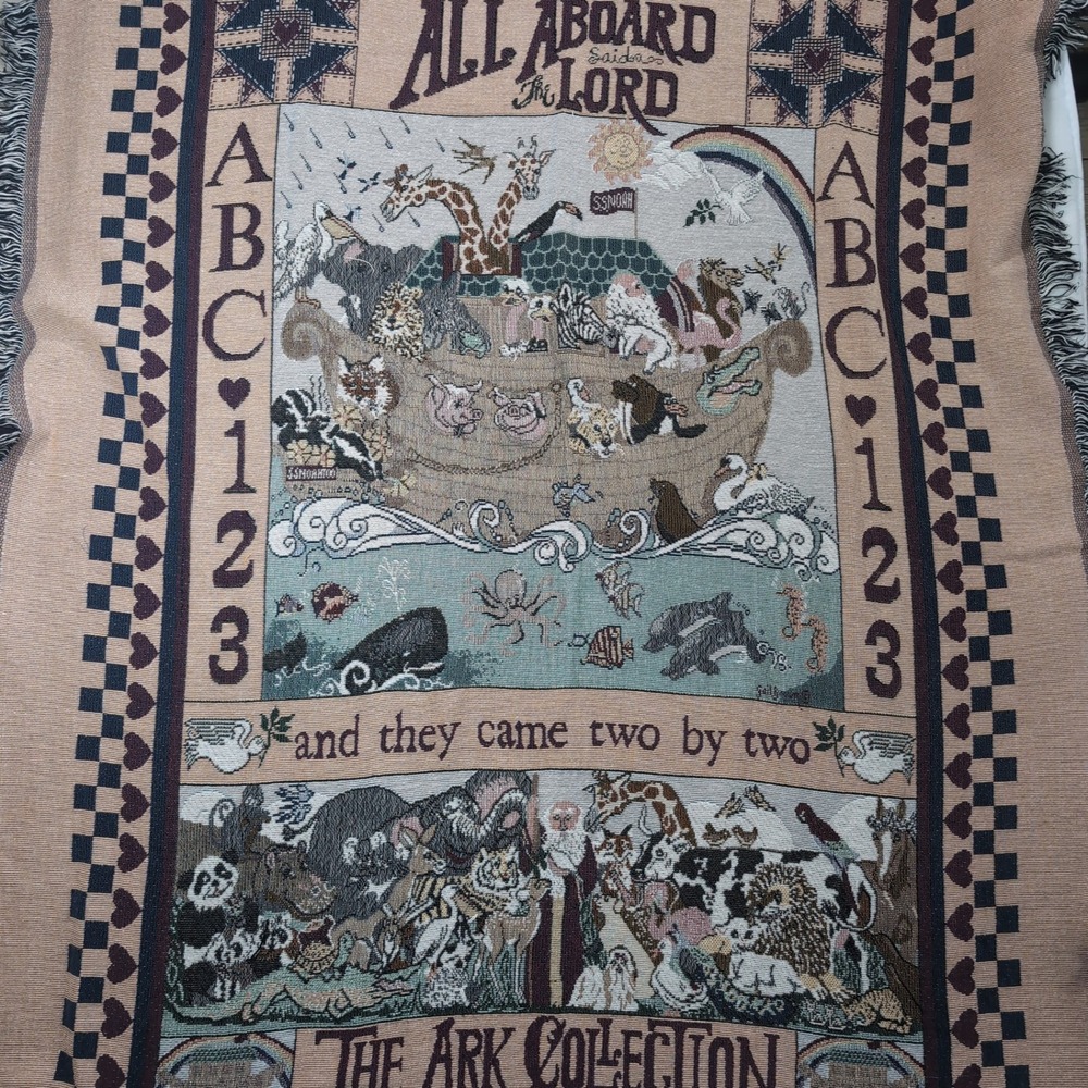Ark Collection Tapestry Blanket Noah's Ark All Aboard Woven Fringed Christian